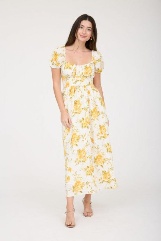 Floral Ruched Bust Puff Sleeve Midi Dress