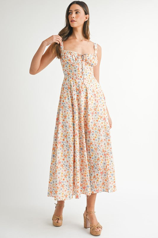 FLORAL PRINT BUSTIER BACK LACE UP MIDI DRESS