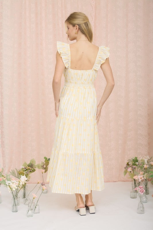 Stripe Floral Flounce Strap Tiered Midi Dress