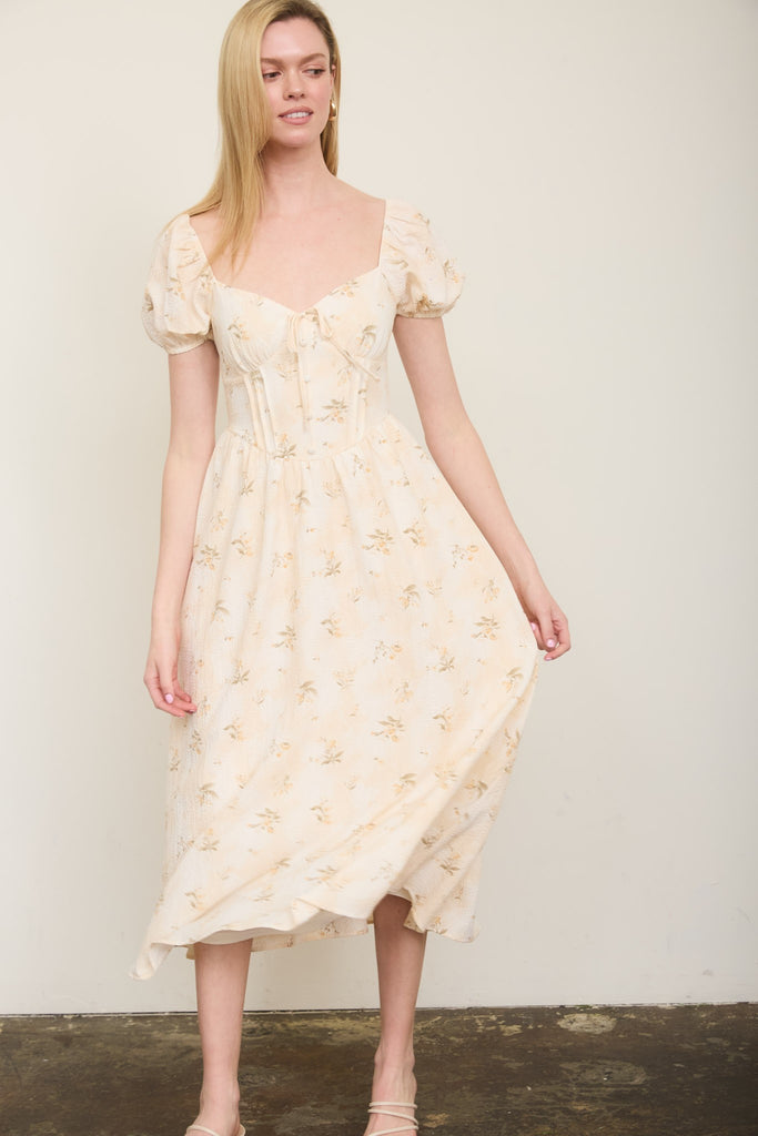 Floral Sweetheart Puff Sleeve Corset Midi Dress