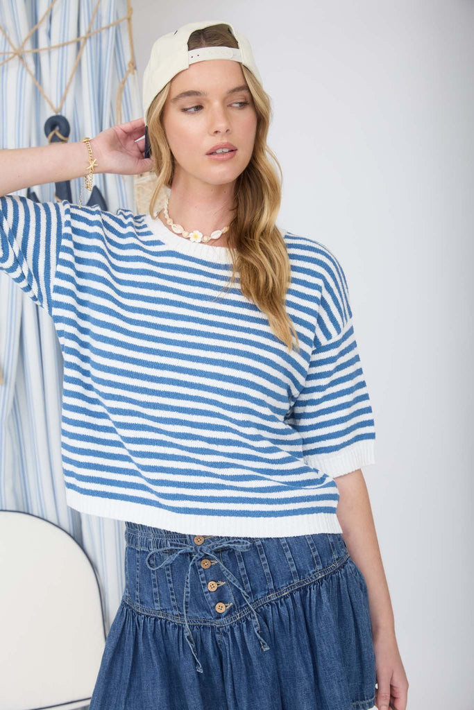 Stripe Contrast Trim Short Sleeve Knit Sweater