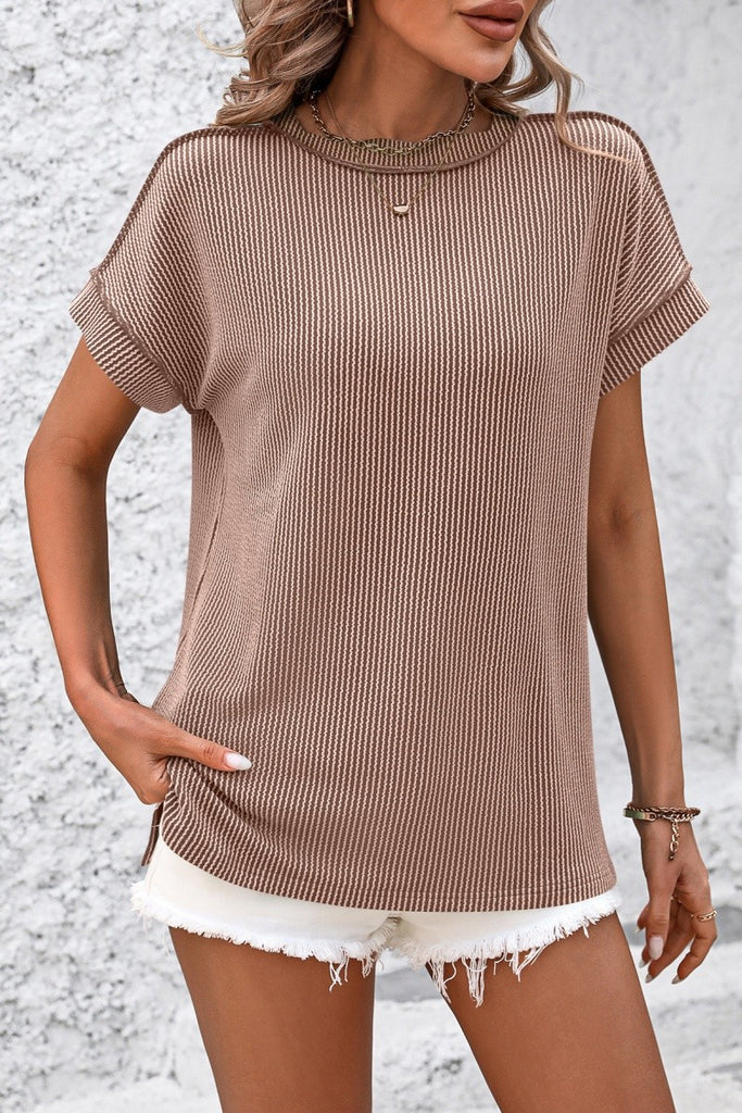 Ribbed Knit Top Relaxed Fit Short Sleeve Pocket Detail