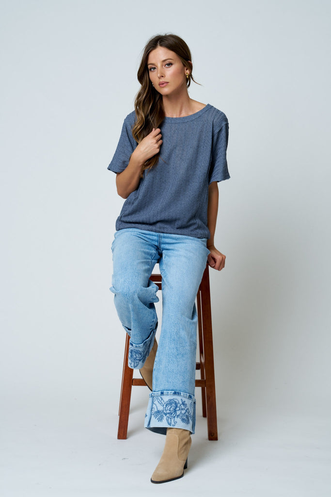 Dolman Short Sleeve Exposed Seam Textured Knit Top