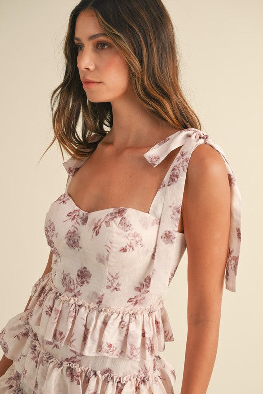 FLORAL PRINT RUFFLE TIERED BUSTIER MIDI DRESS