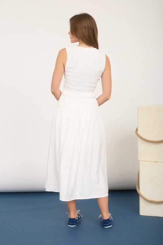 Front Tie Smocked Sleeveless Shirred Midi Dress