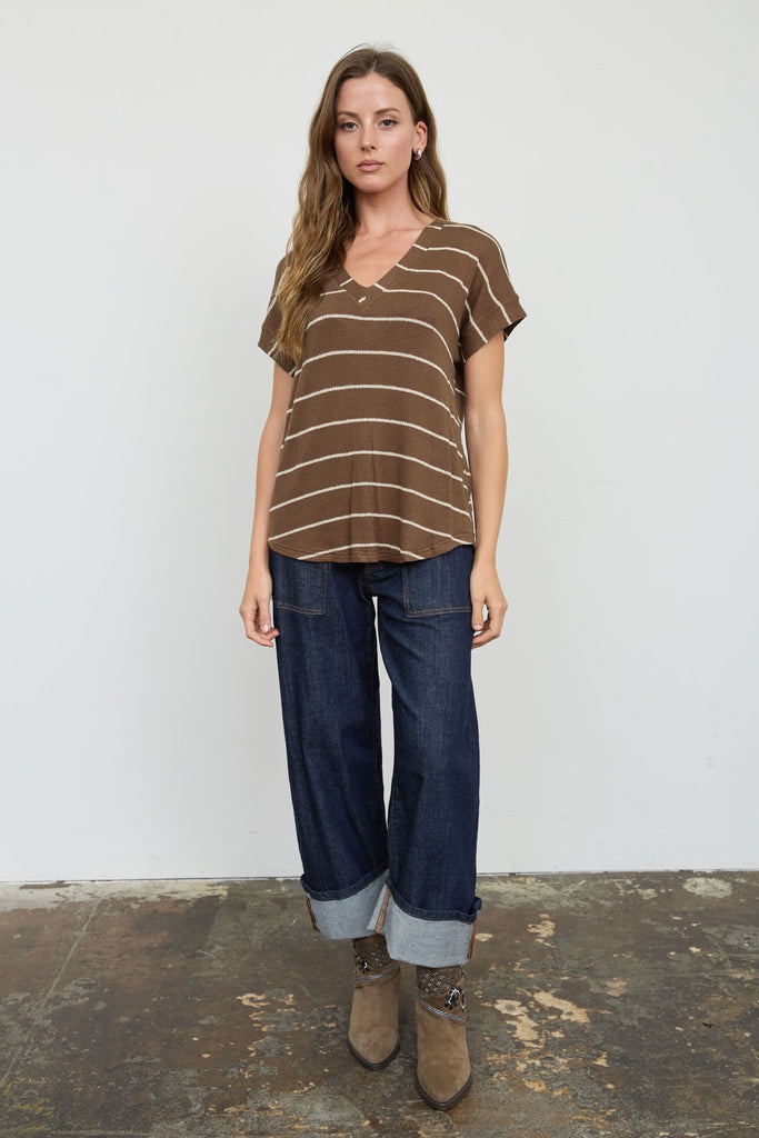Stripe V Neck Cuffed Sleeve Knit Top