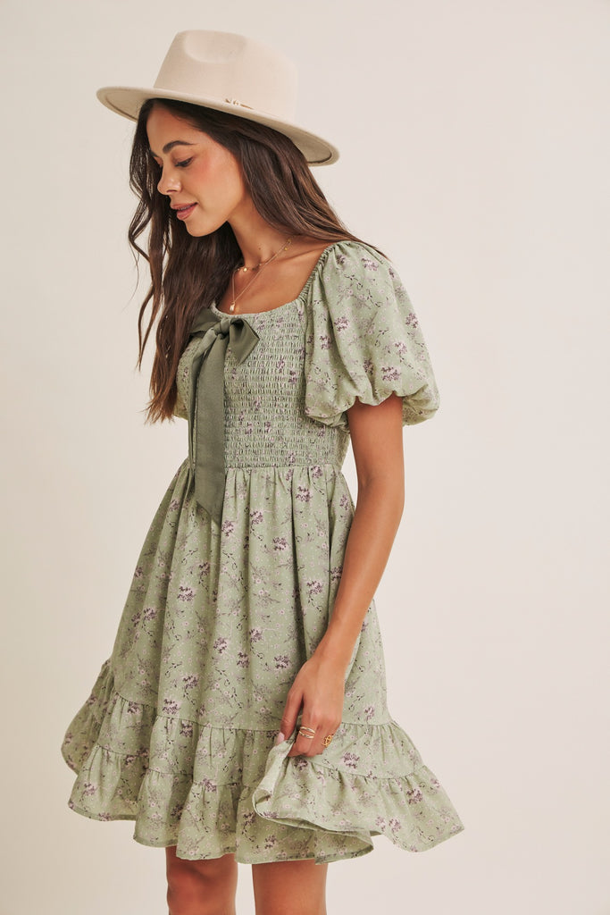 Autumn Garden Bow Smocked Mini Dress With Bubble Slvs