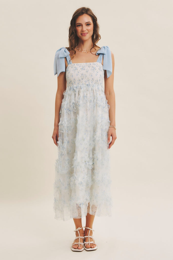 Textured Floral Smocked Midi Dress Tie Straps