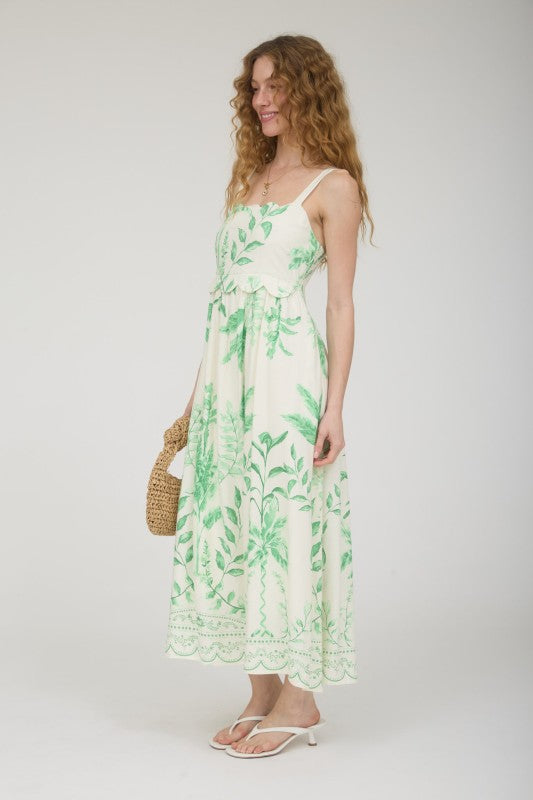 Leaf Print Scallop Detail Sleeveless Midi Dress