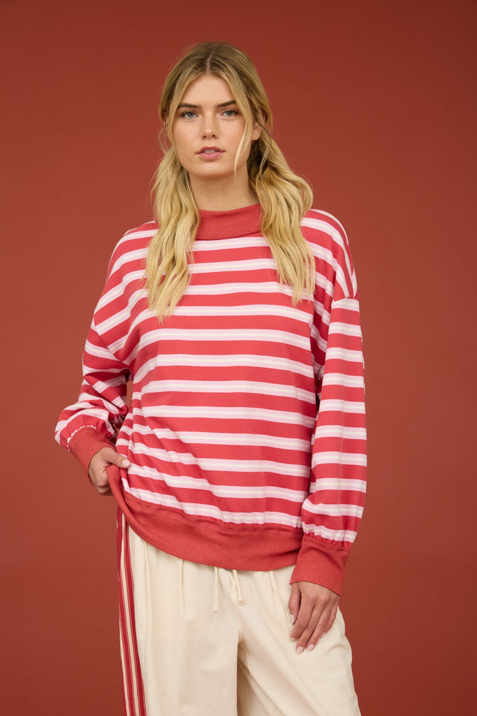 Contrast Wide Neck Long Sleeve Stripe Knit Top