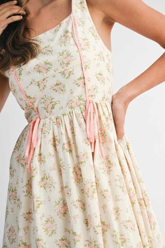 Floral Print Square Neck Contrast Pipinig Dress