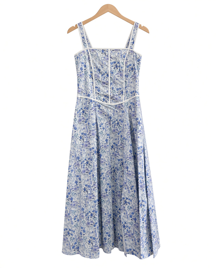 Contrast Piped Floral Maxi Dress
