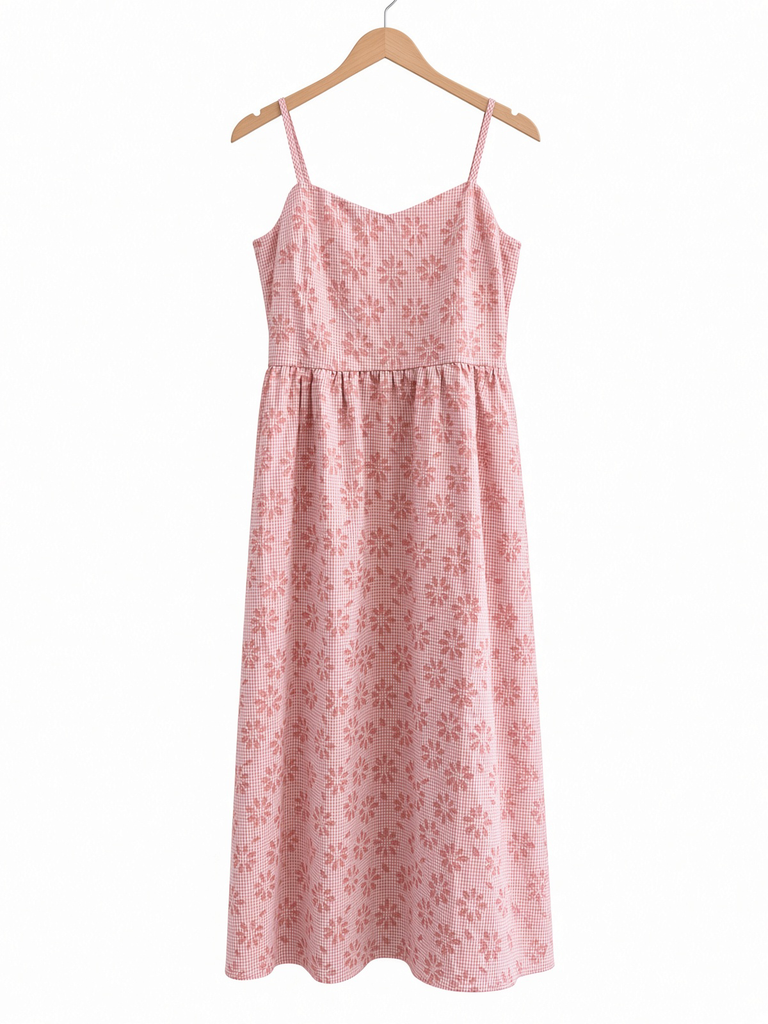 Sweetheart Floral Laser Cut Gingham Midi Dress