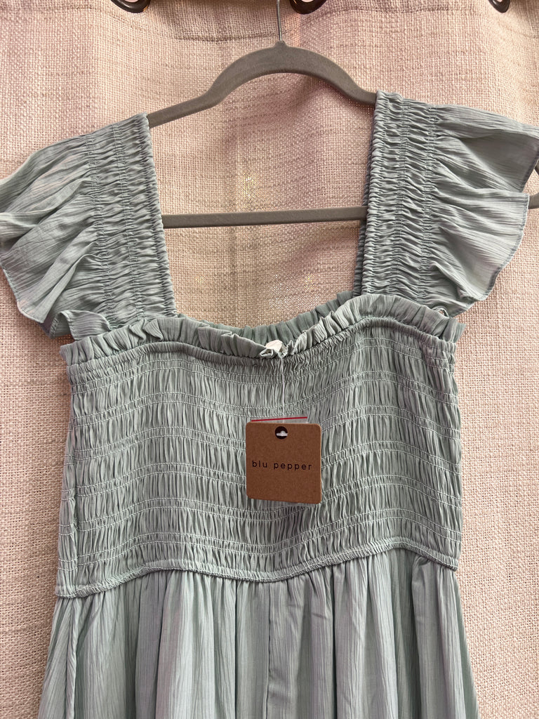 Mock Button Down Smocked Ruffle Detail Midi Dress