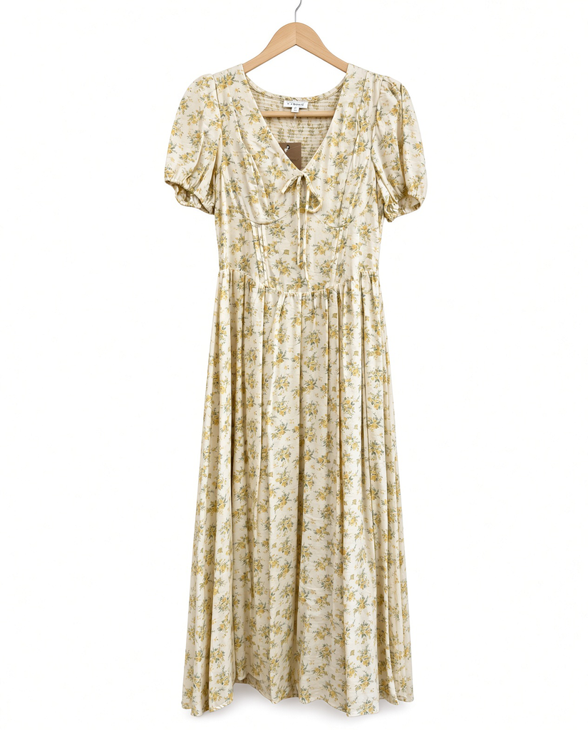 Floral Puff Sleeve V Neck Corset Detail Midi Dress
