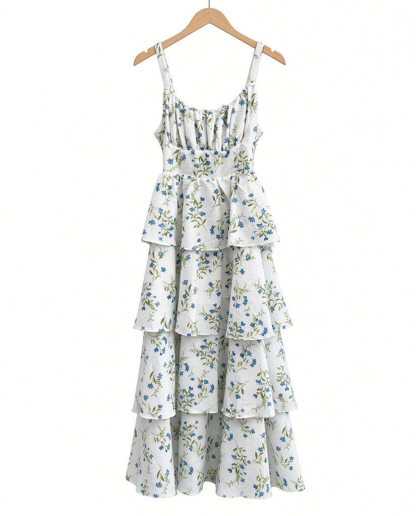 Floral Ruffle Tiered Back Tie Midi Dress