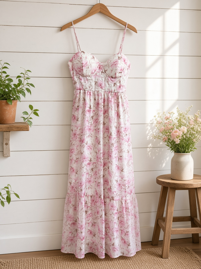 Floral Spaghetti Strap Corset Midi Dress