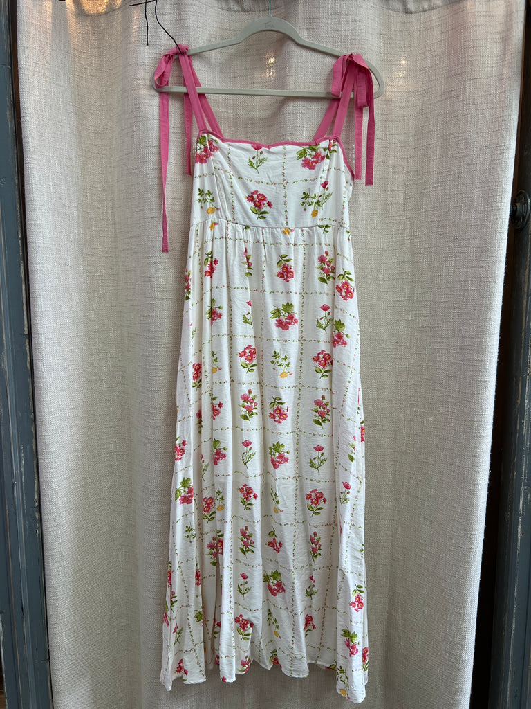 Floral Tile Pattern Scalloped Tie Strap Midi Dress
