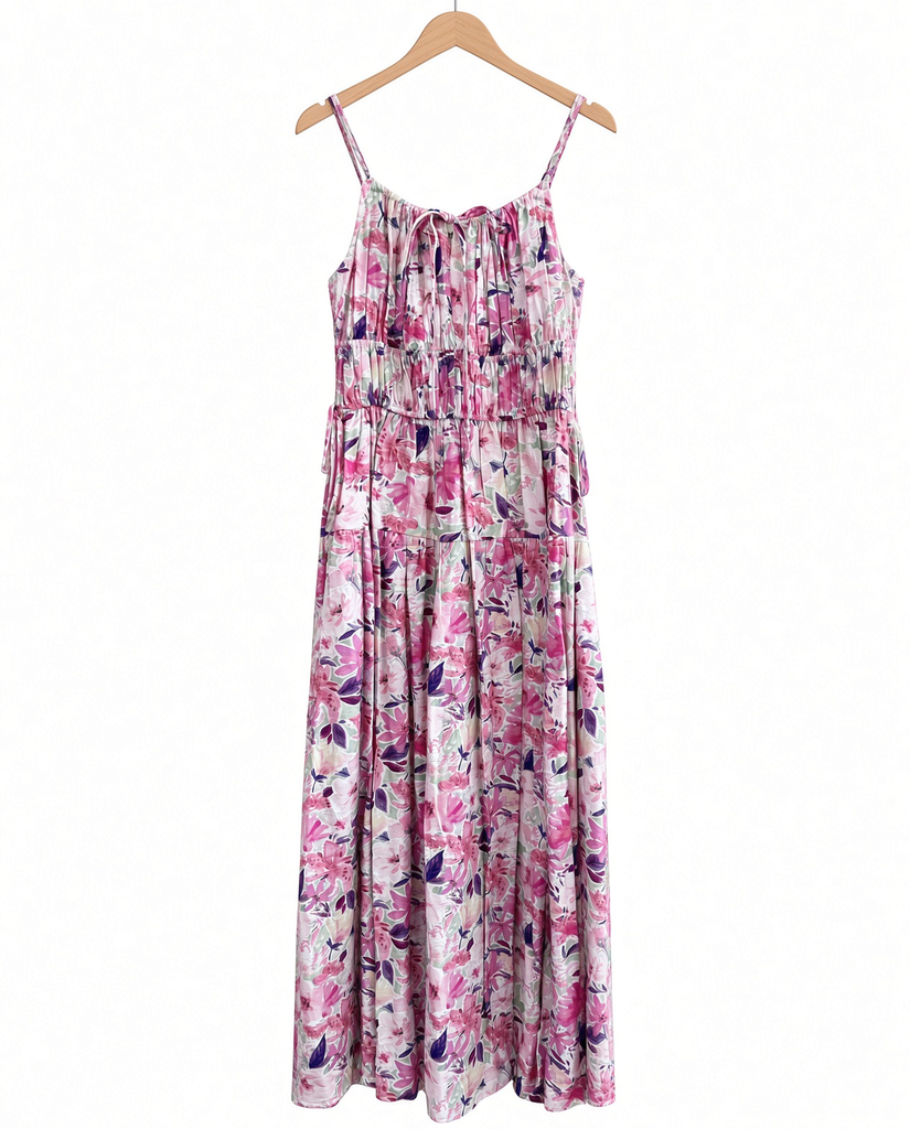 Vibrant Floral Print Ruching Cami Midi Dress