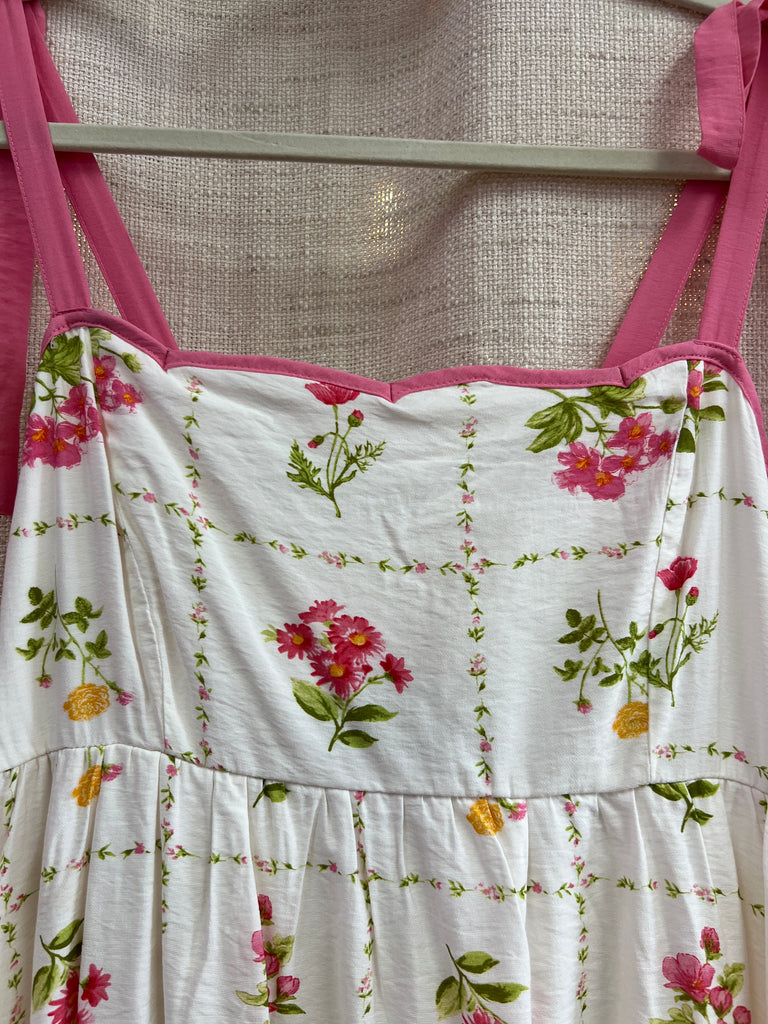 Floral Tile Pattern Scalloped Tie Strap Midi Dress