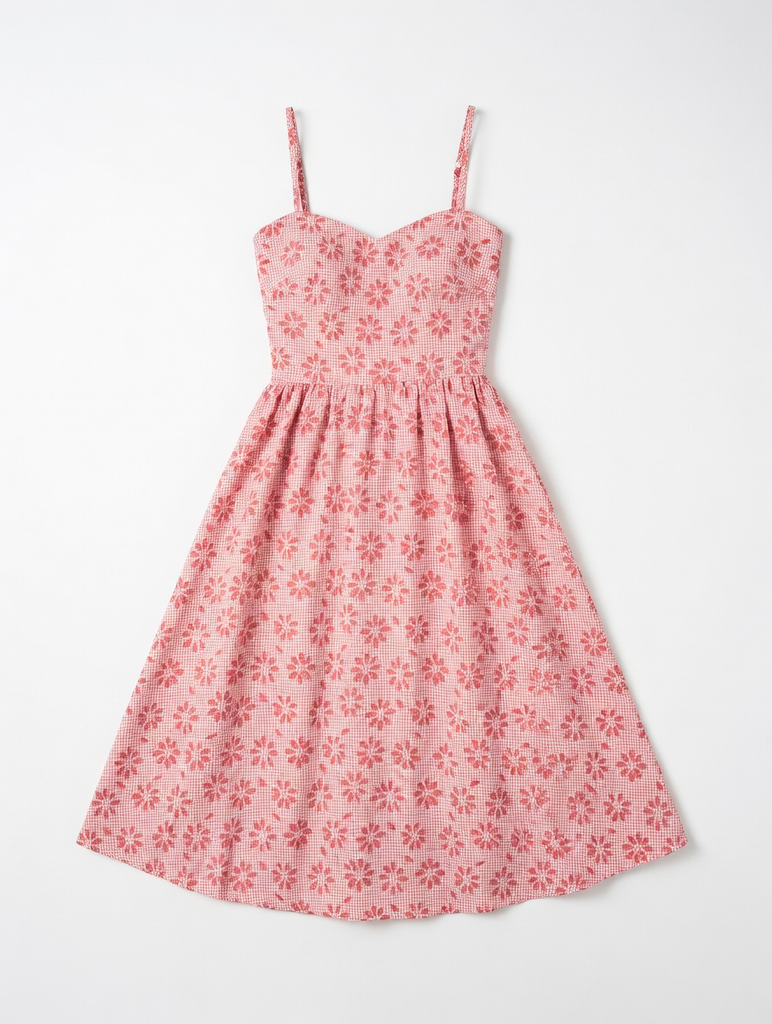 Sweetheart Floral Laser Cut Gingham Midi Dress