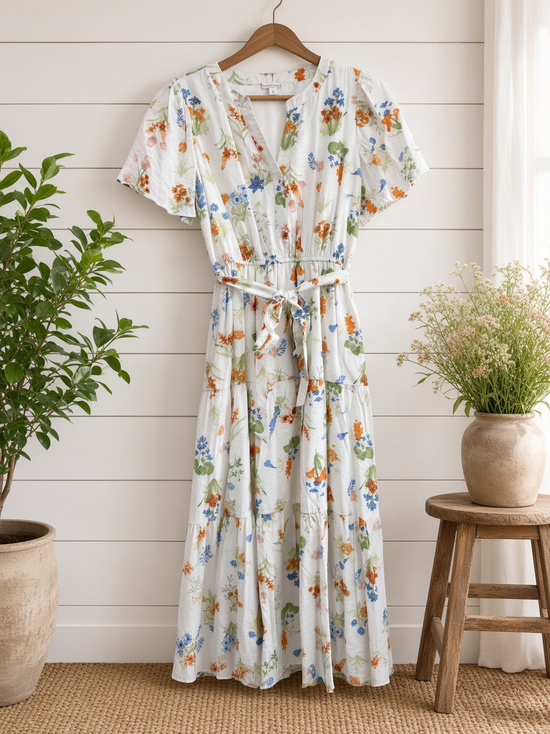 Floral Split Neck Belt Strap Tiered Midi Dress