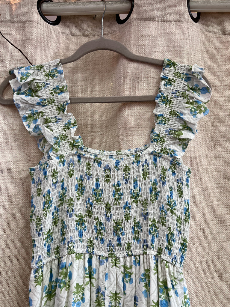 Floral Tile Pattern Smocked Sleeveless Midi Dress