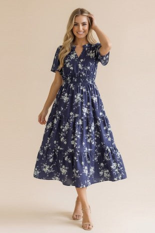Plus Notch Neck Smocked Waist Tiered Floral Dress