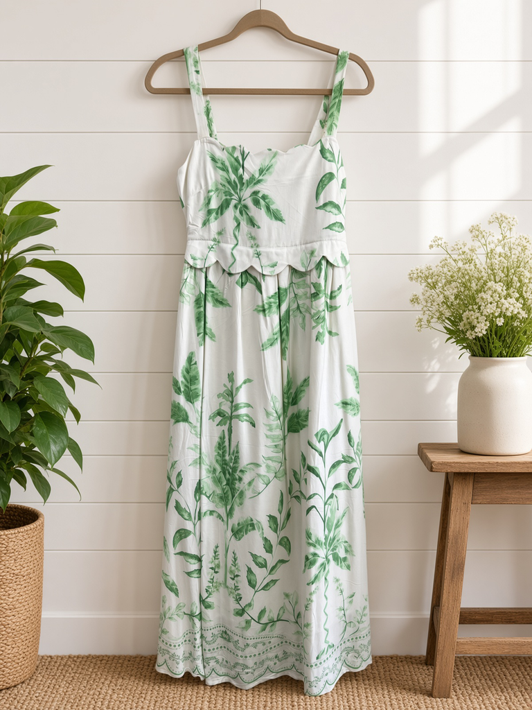 Leaf Print Scallop Detail Sleeveless Midi Dress
