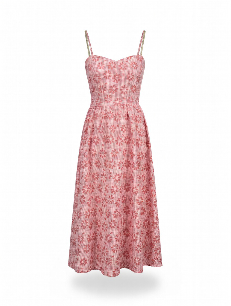 Sweetheart Floral Laser Cut Gingham Midi Dress