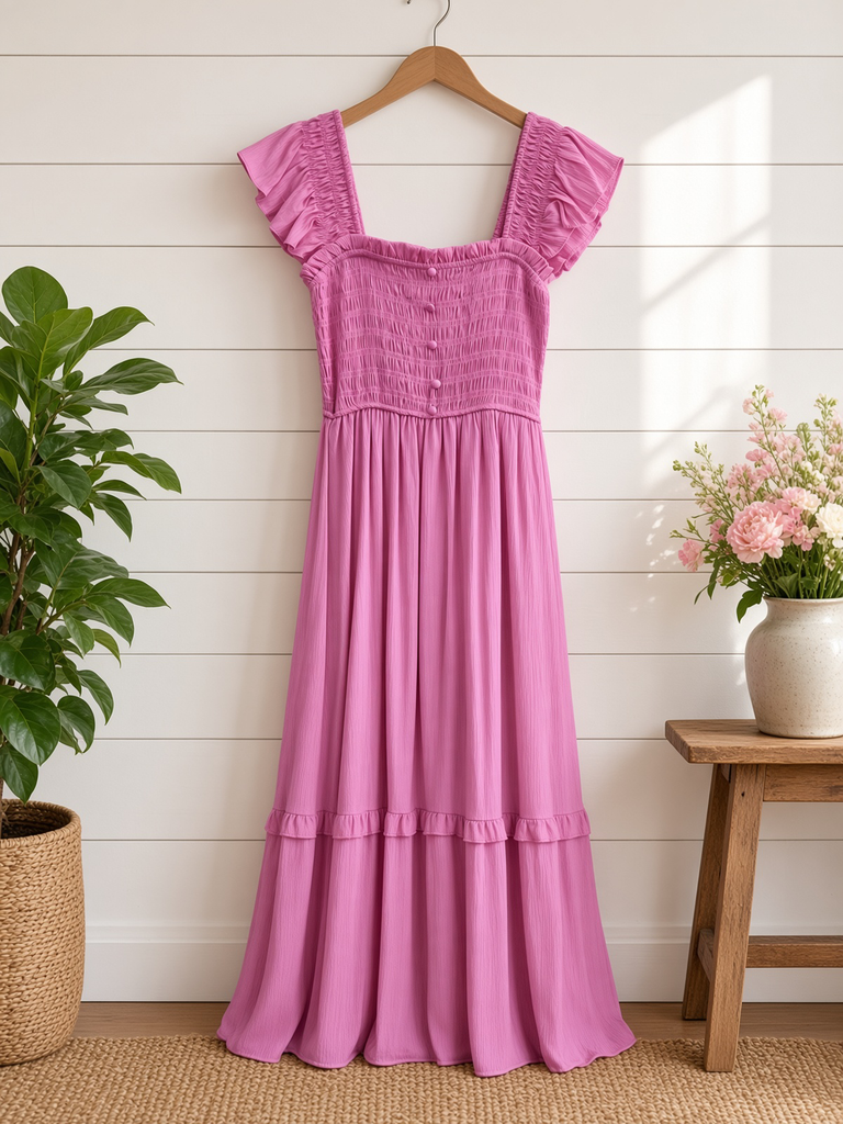 Mock Button Down Smocked Ruffle Detail Midi Dress