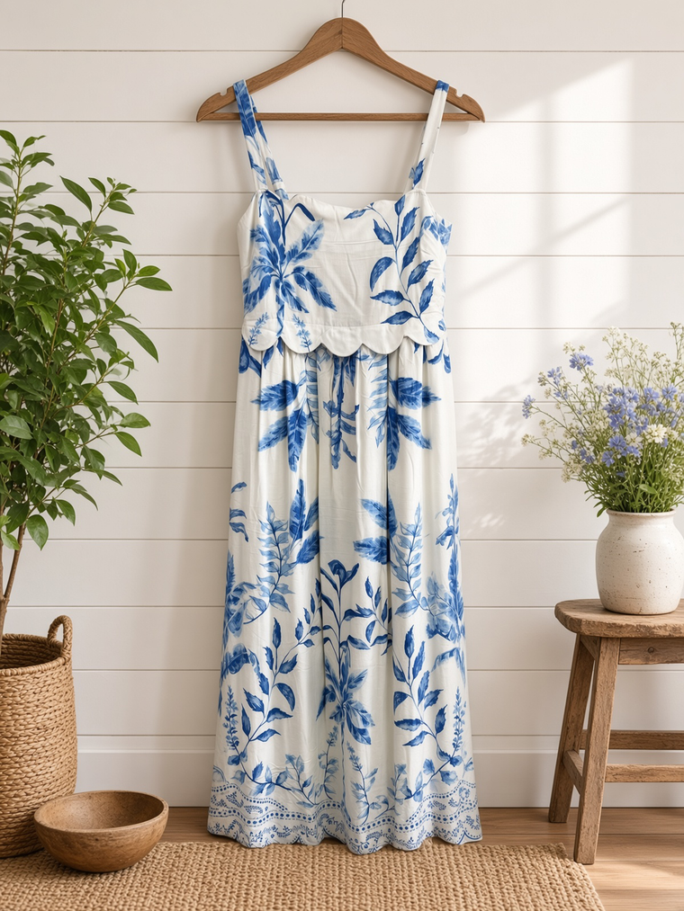 Leaf Print Scallop Detail Sleeveless Midi Dress
