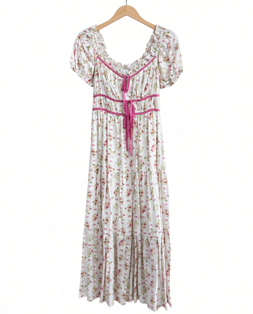 Floral Tile Print Contrast Tie Detail Midi Dress