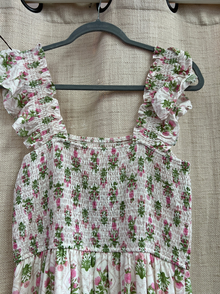 Floral Tile Pattern Smocked Sleeveless Midi Dress