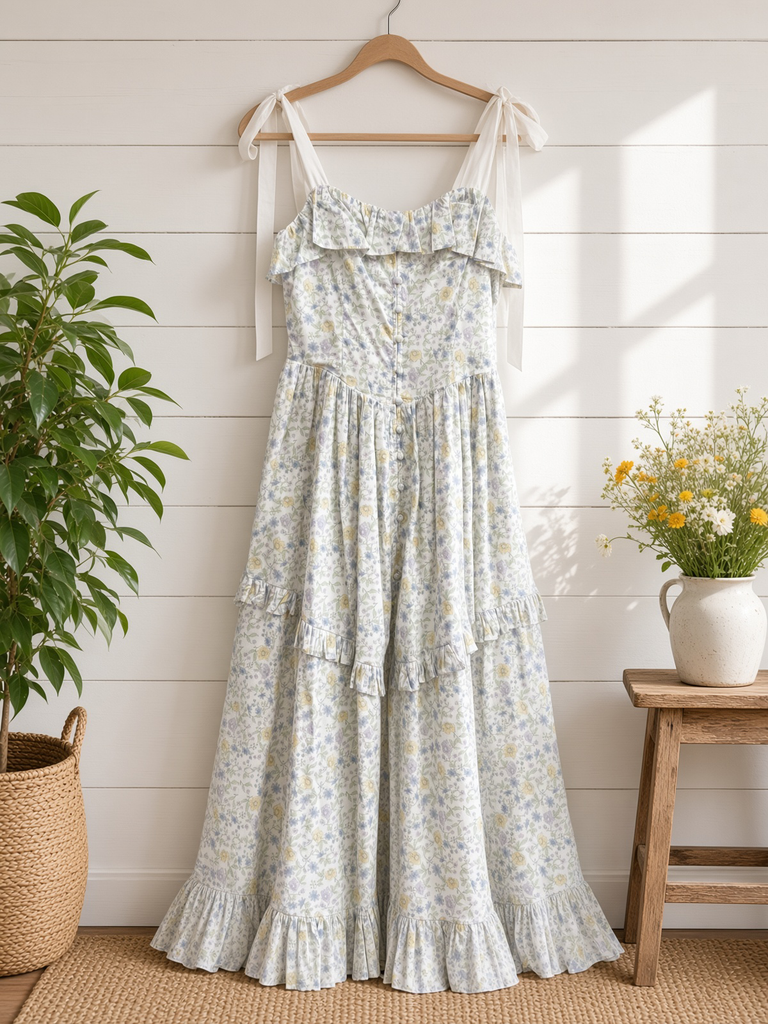 Floral Printed Contrast Shoulder Strap Midi Dress