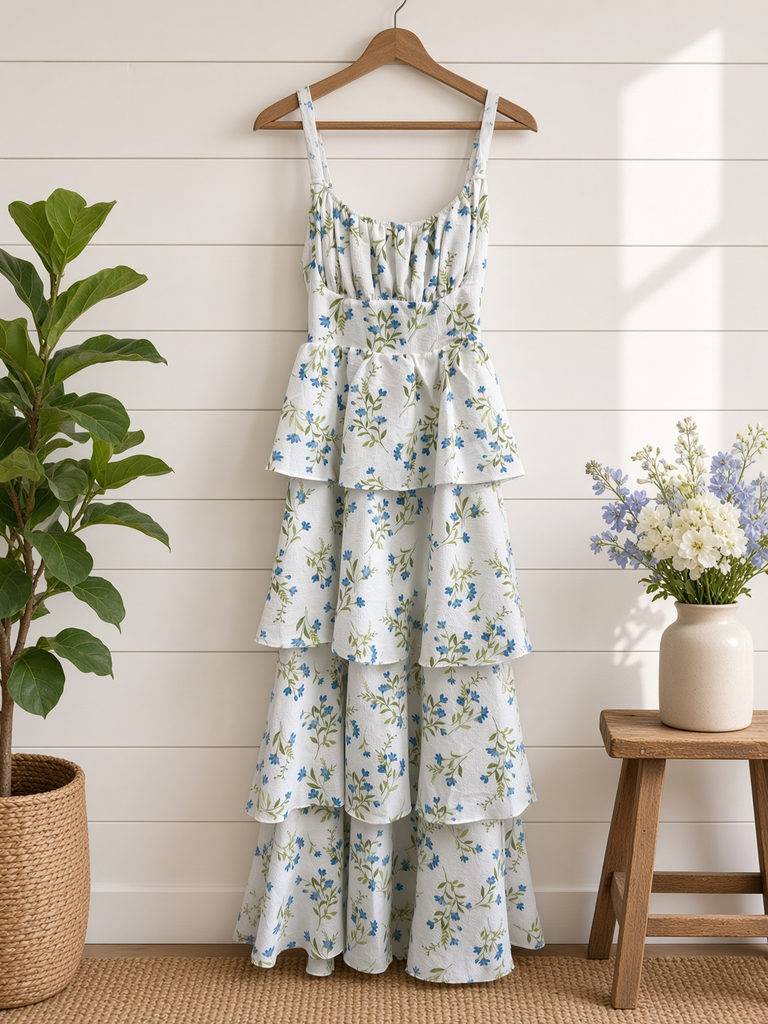 Floral Ruffle Tiered Back Tie Midi Dress
