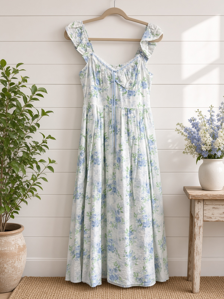 Short Flutter Sleeve Midi Dress With Floral Print