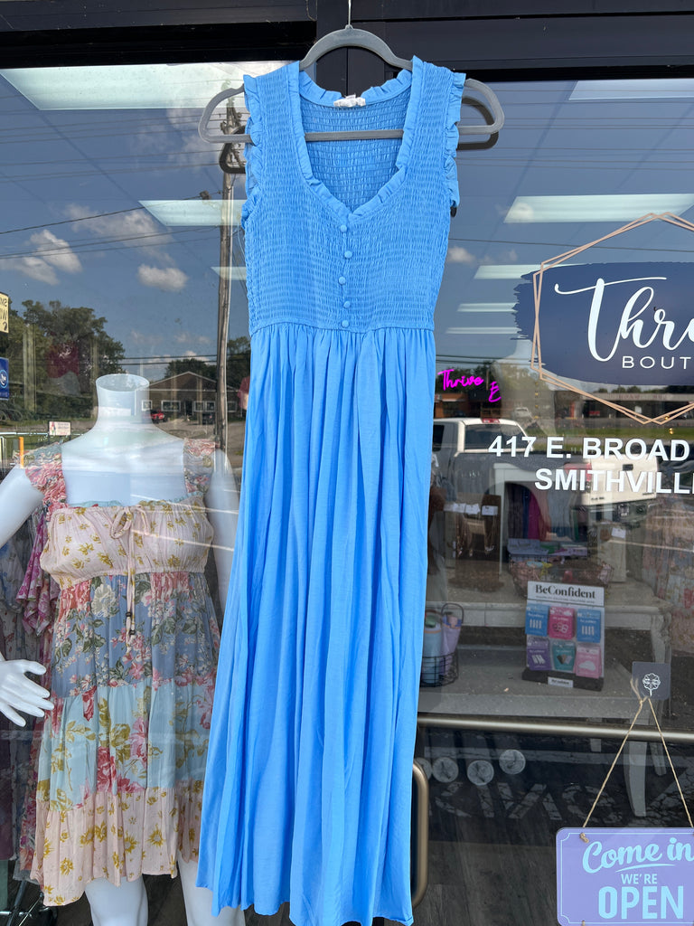 Sweetheart Smocked Mock Button Midi Dress