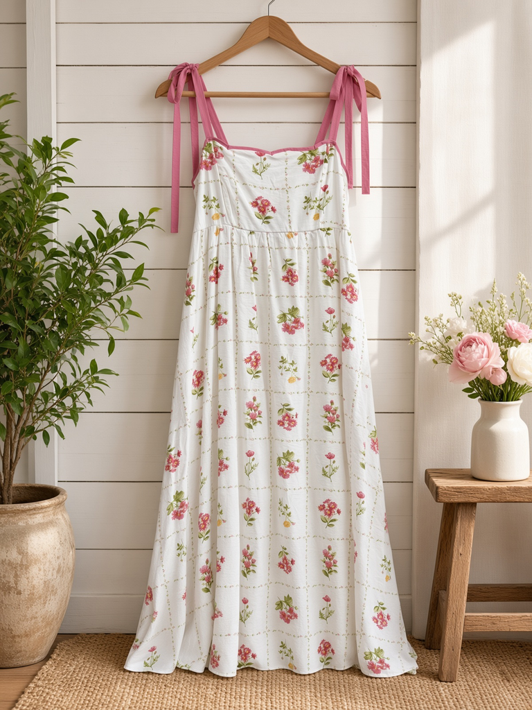 Floral Tile Pattern Scalloped Tie Strap Midi Dress