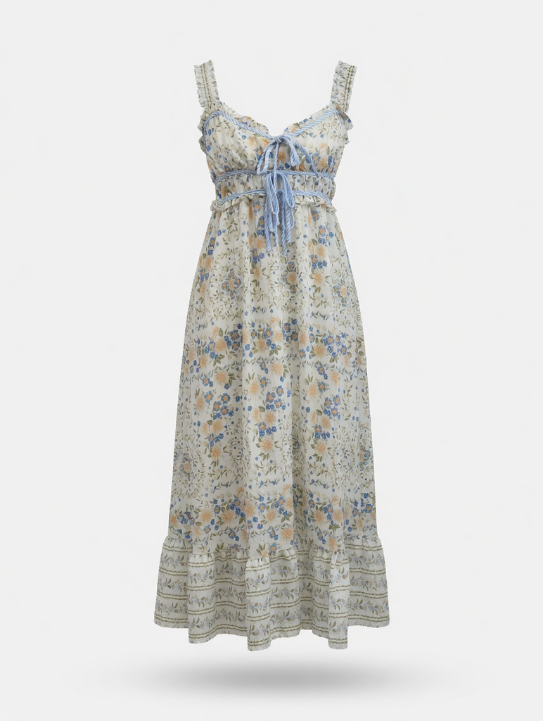 Border Floral Sleeveless Front Tie Midi Dress