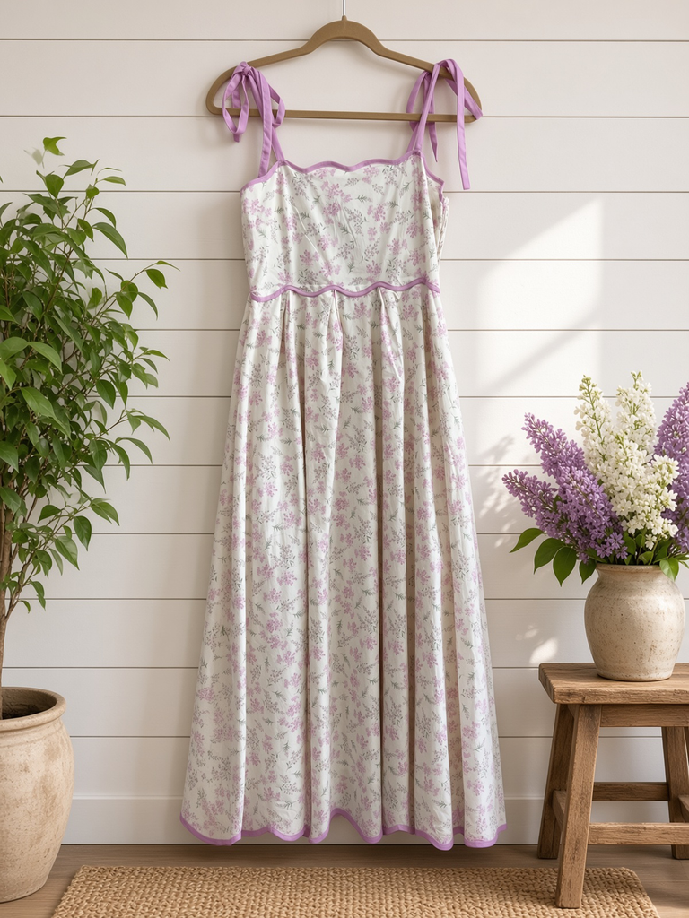 Floral Print Scallop Hem Contrast Self Tie Strap Midi Dress