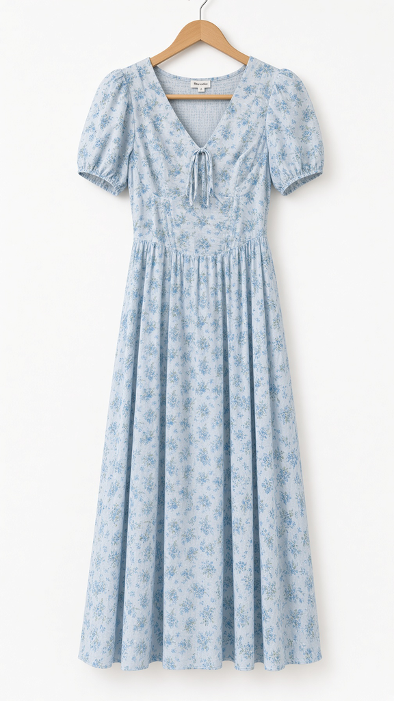 Floral Puff Sleeve V Neck Corset Detail Midi Dress