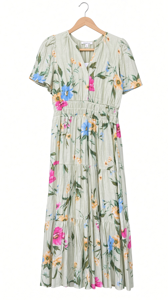Multicolor Floral Short Sleeve Tiered Midi Dress