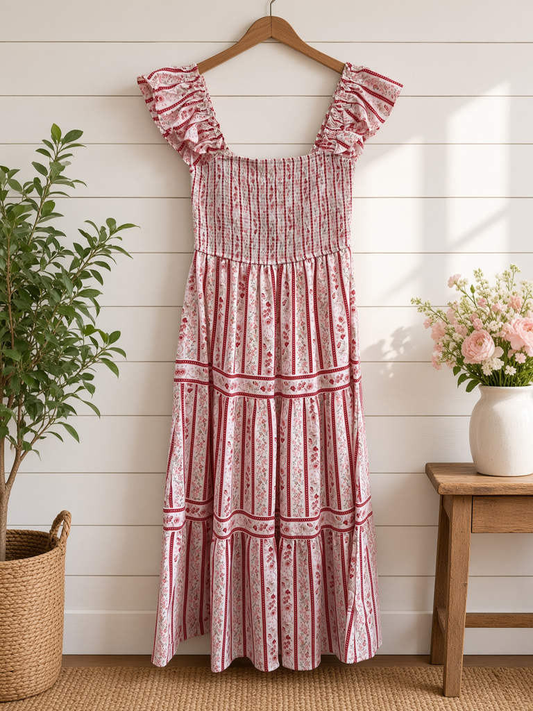 Stripe Floral Pattern Smocked Tiered Midi Dress