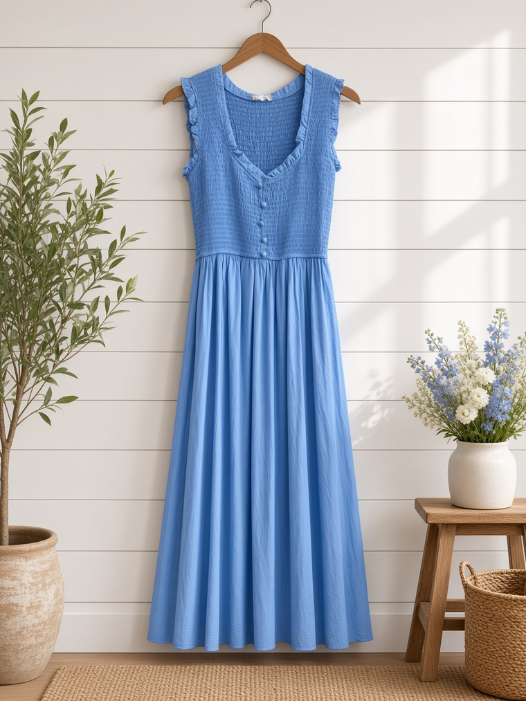 Sweetheart Smocked Mock Button Midi Dress