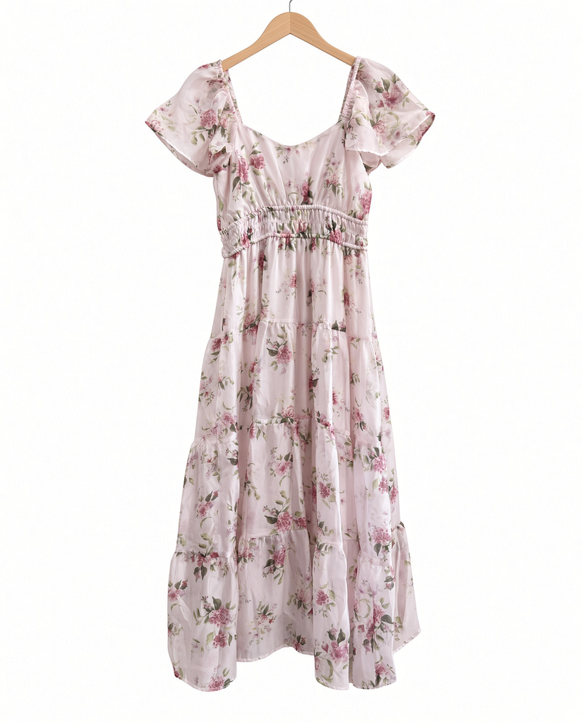 Floral Chiffon Flounce Sleeve Shirred Midi Dress