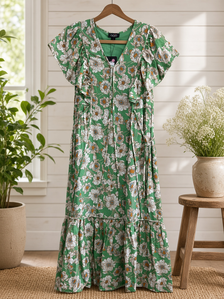 Vibrant Floral Print V-neck Midi Dress