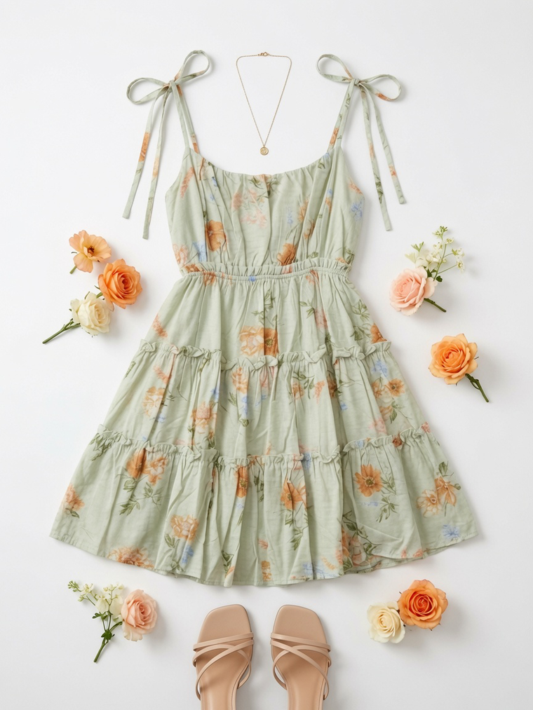 Floral Spaghetti Strap Tiered Back Tie Mini Dress