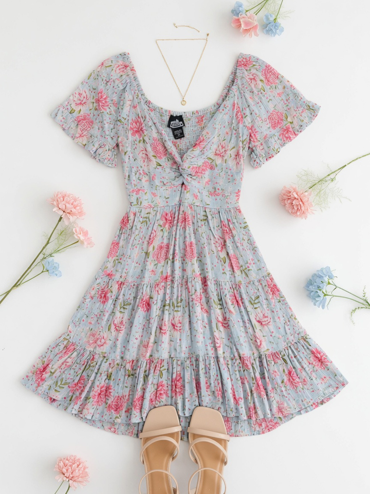 V Neck Twist Front Cut Out Short Sleeve Dress
