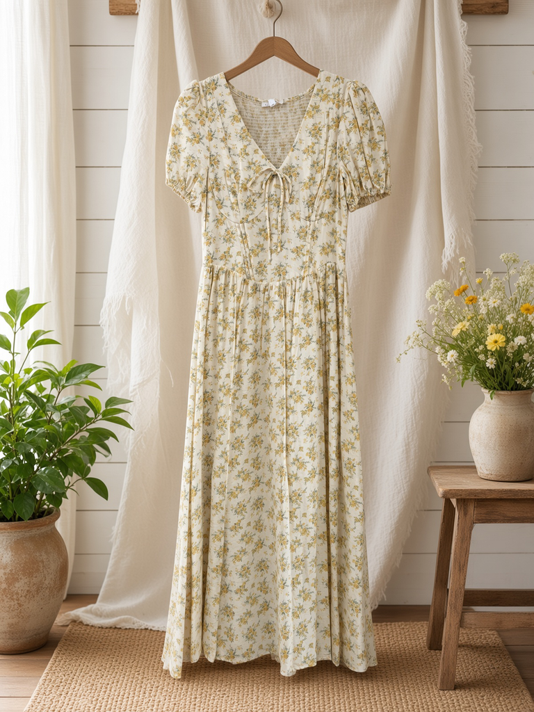 Floral Puff Sleeve V Neck Corset Detail Midi Dress